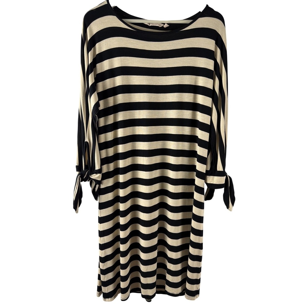 Soft Surroundings Striped Knit Dress Black Cream Tie Sleeve Womens M‎ Minimalist
